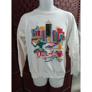 Vintage 90s Detroit City Graphic Sweatshirt Skyline Retro Art Large